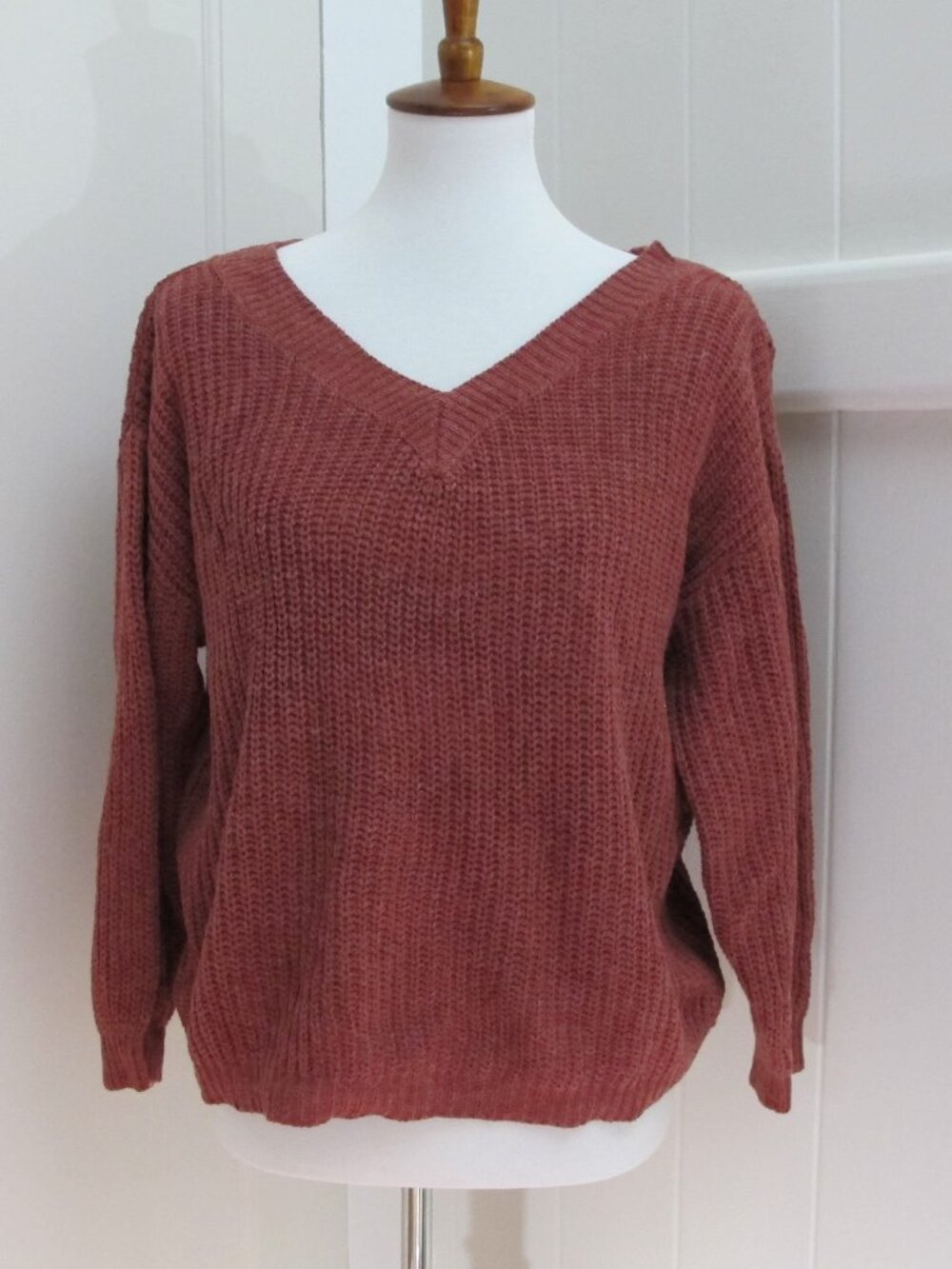 Zaful | V-Neck Valentine's Day Maroon Long Sleeve Loose Slouch Fit Knit Sweater